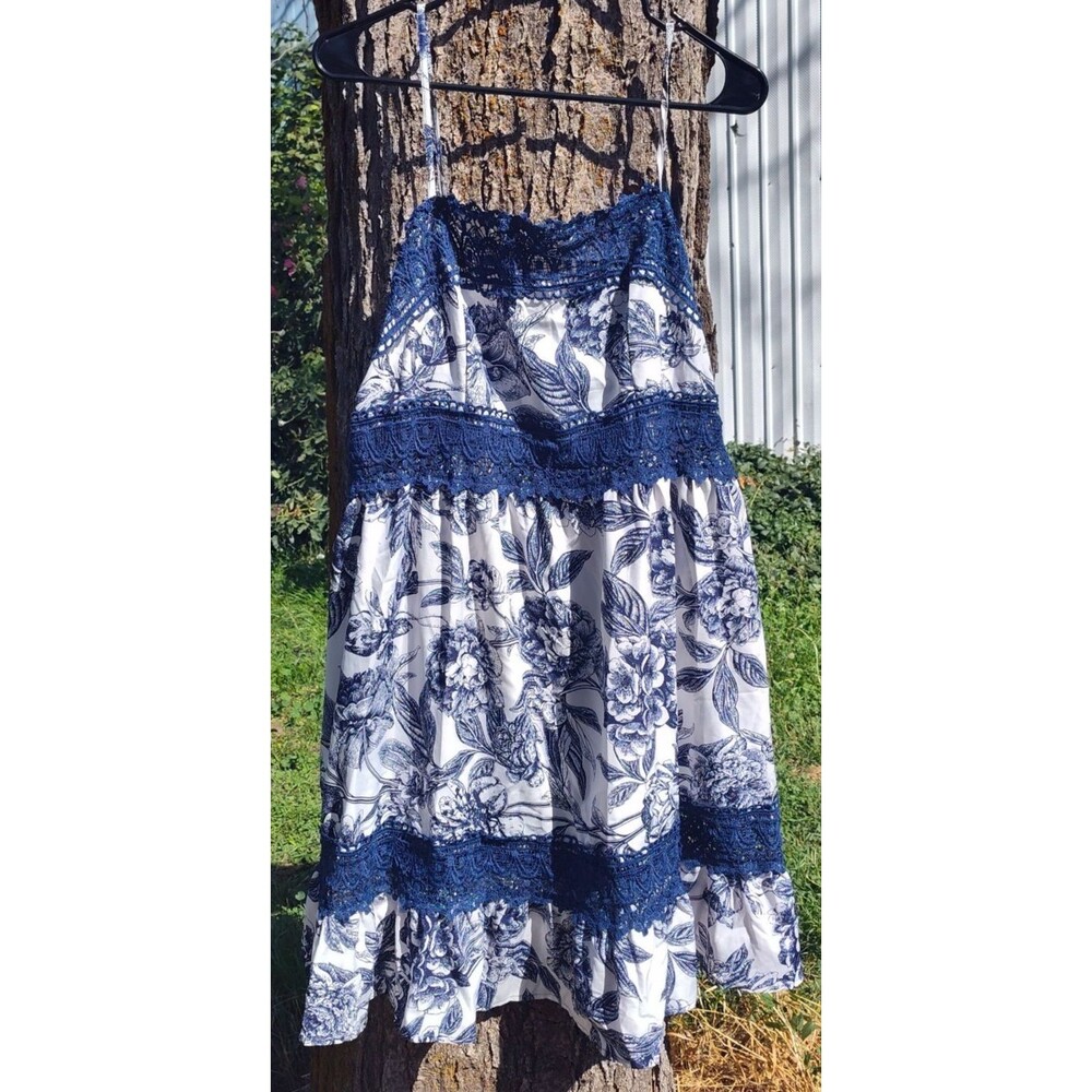 SHEIN Curve Plus 2XL Blue Floral Toile Lace Cottagecore Tiered Cami Dress Boho